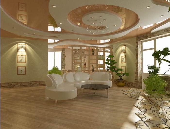 Дизайн потолков из гипсократона в большой гостиной